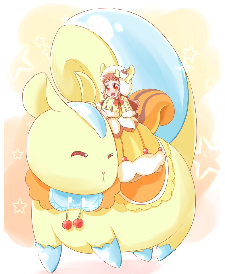 1girl, :d, a_la_mode_style_(precure), animal_ears, arisugawa_himari, brown_hair, crystal_animal_(precure), cure_custard