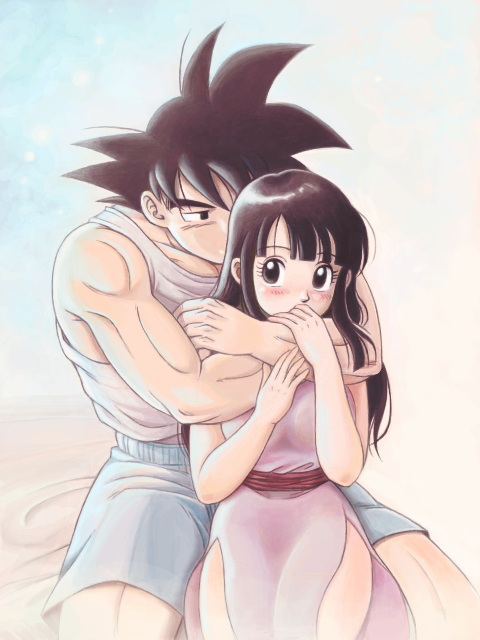 1boy, 1girl, black_eyes, black_hair, blue_background, blush, chi-chi_(dragon_ball), couple