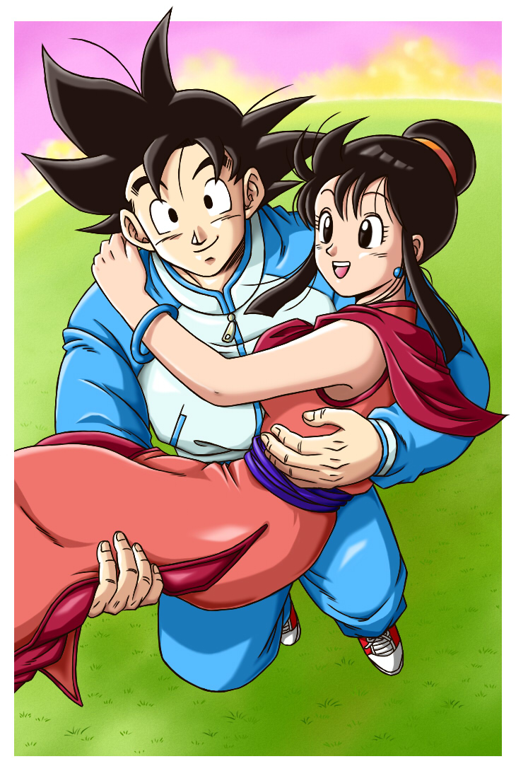 1boy, 1girl, bangs, black_eyes, black_hair, bracelet, carrying, chi-chi_(dragon_ball)