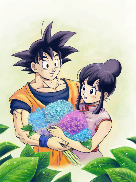 1boy, 1girl, black_eyes, black_hair, bouquet, chi-chi_(dragon_ball), chinese_clothes, couple