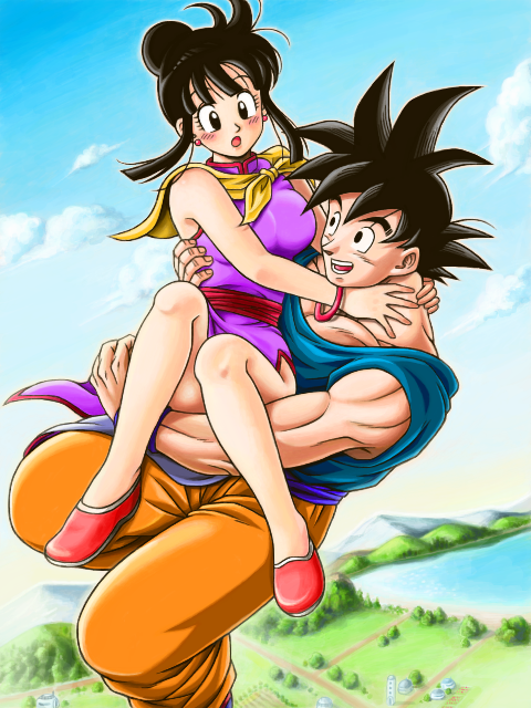 1boy, 1girl, :o, bangs, bare_legs, black_eyes, black_hair, blue_shirt