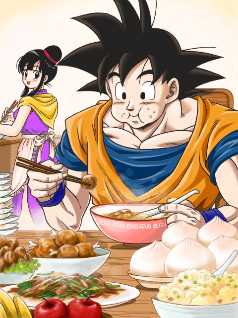 1boy, 1girl, apple, apron, banana, black_eyes, black_hair, blush, chi-chi_(dragon_ball), chinese_clothes, chopsticks, couple, dougi, dragon_ball, dragonball_z, dumpling, eating, food, fruit, happy, hetero, looking_at_another, looking_back, masa_(p-piyo), onigiri, open_mouth, rice, short_hair, simple_background, smile, son_gokuu, spiky_hair, spoon, tied_hair, white_background, wristband