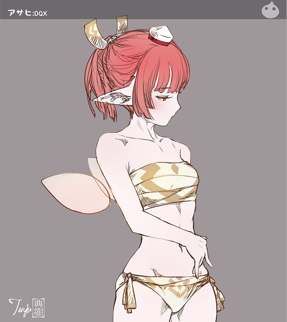 1girl, artist_name, bangs, bare_arms, bare_shoulders, bikini, blunt_bangs, blush