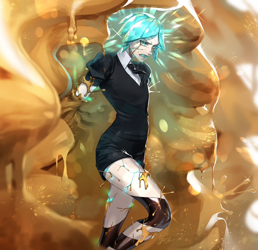 abeja, androgynous, black_neckwear, black_shorts, collared_shirt, gold, green_hair, highres