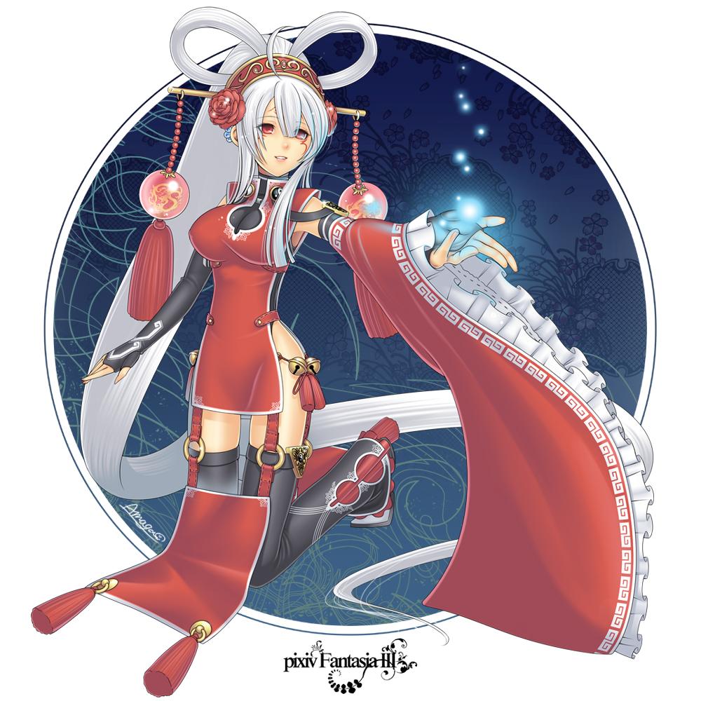 amaga_sakuramaru, amagata_(pixiv), bell, detached_sleeves, flower, hair_ornament, kneeling, long_hair