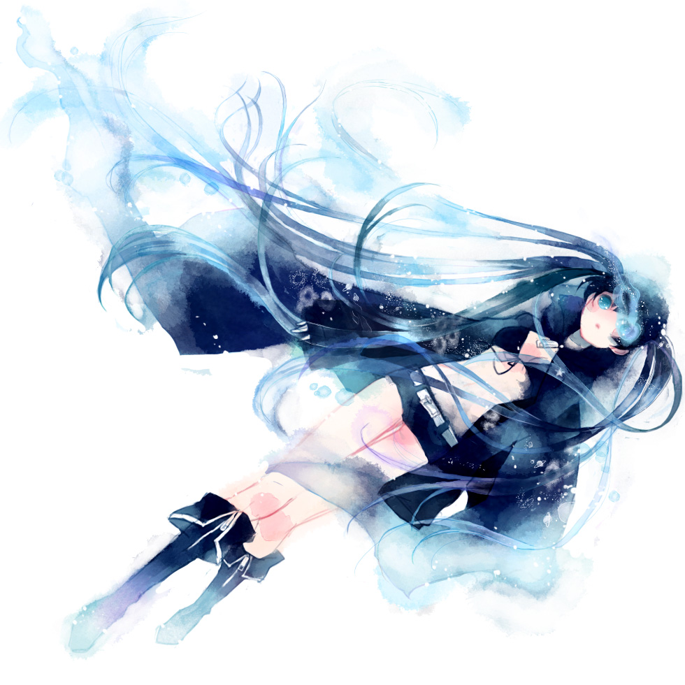 bikini_top, black_hair, black_rock_shooter, black_rock_shooter_(character), blue_eyes, cape, long_hair, midriff