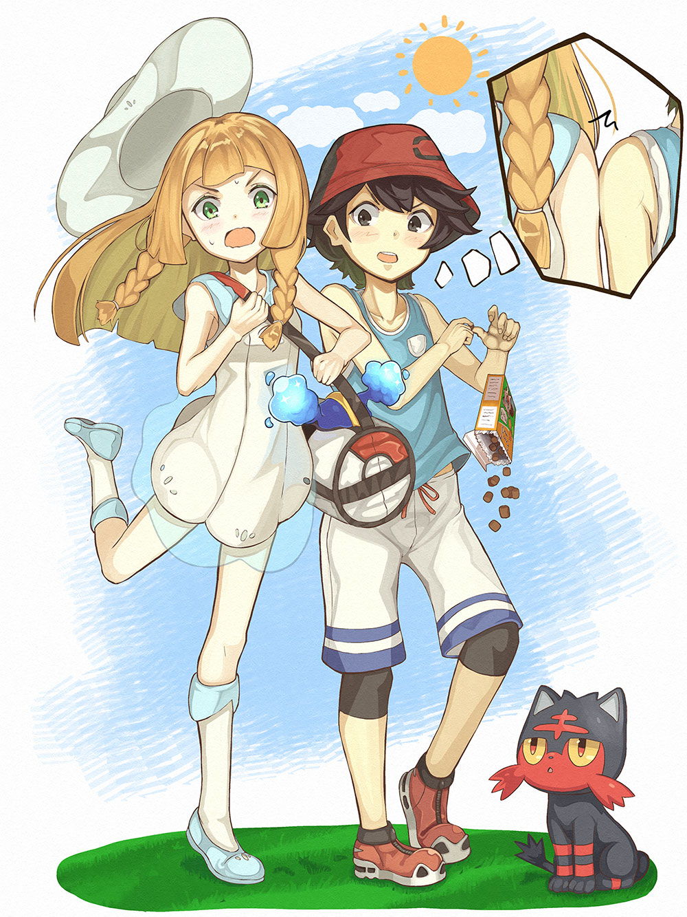 1boy, 1girl, bag, black_legwear, blonde_hair, blue_shirt, boots, braid