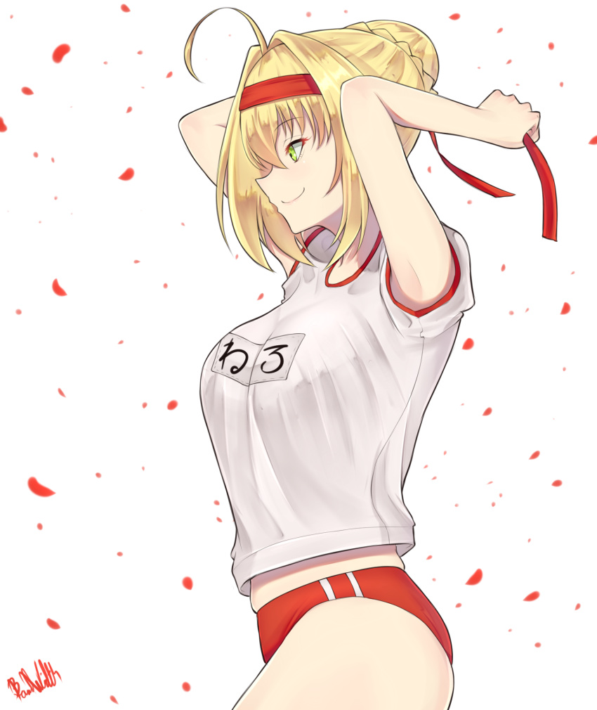 1girl, ahoge, armpits, arms_behind_head, blackwatchar, blonde_hair, braid, buruma