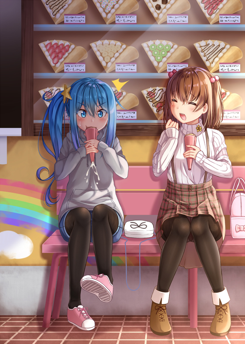 /\/\/\, 2girls, :d, :t, ashida_machi, bag, bangs, bench