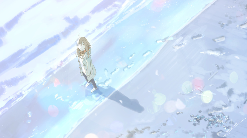 1girl, ahoge, beach, brown_eyes, brown_hair, capri_pants, closed_mouth, commentary