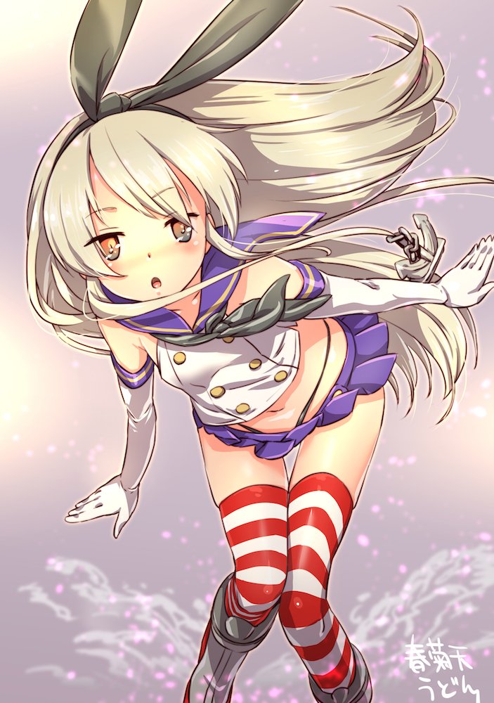 1girl, anchor_hair_ornament, artist_name, black_panties, blonde_hair, blue_sailor_collar, blue_skirt, chestnut_mouth, crop_top, elbow_gloves, full_body, gloves, grey_background, hair_ornament, hairband, highleg, highleg_panties, kantai_collection, leaning_forward, long_hair, looking_at_viewer, microskirt, orange_eyes, panties, pleated_skirt, sailor_collar, sailor_shirt, shimakaze_(kantai_collection), shirt, shungikuten, skirt, solo, striped, striped_legwear, thigh-highs, underwear, white_gloves