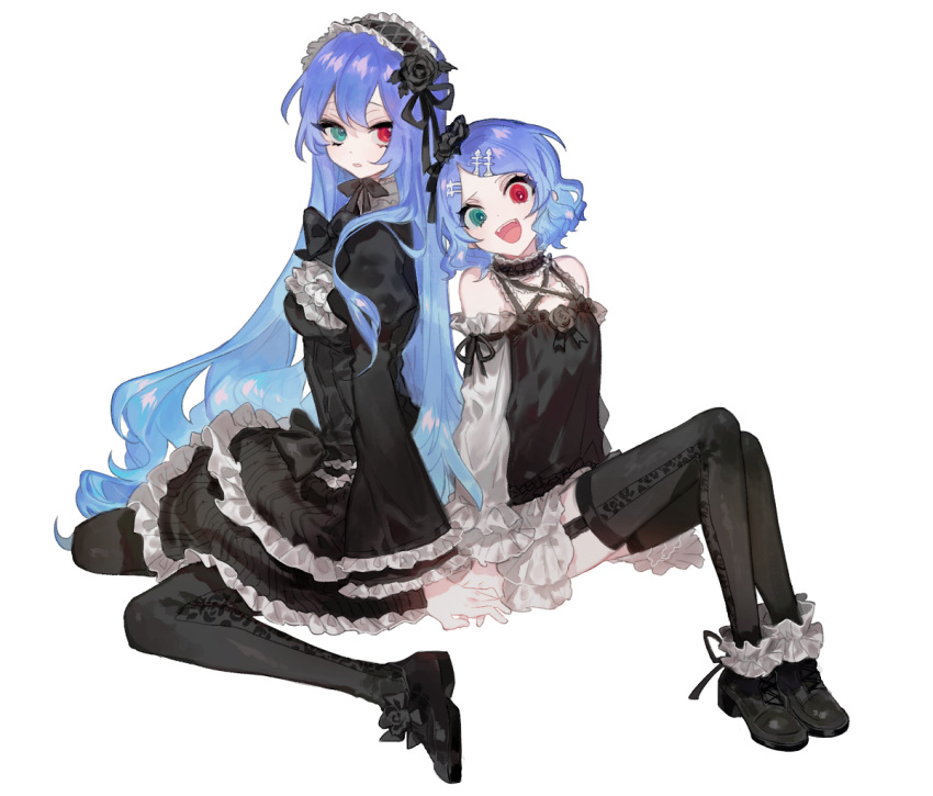 2girls, :d, anti_the_infinite_holic_(vocaloid), back-to-back, bangs, bare_shoulders, black_footwear, black_rose