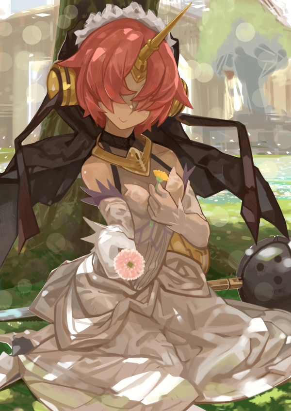 1girl, bare_shoulders, berserker_of_black, bokaa_(exploration), covered_eyes, dress, elbow_gloves, fate/apocrypha