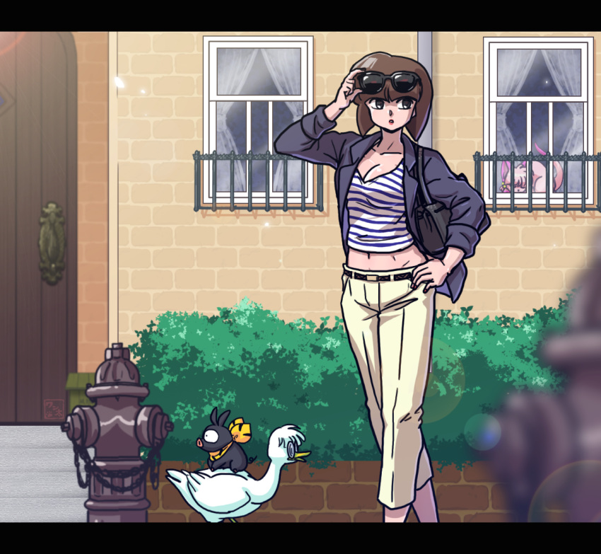 1girl, alternate_costume, bangs, belt, bird, black_eyes, blurry, breasts