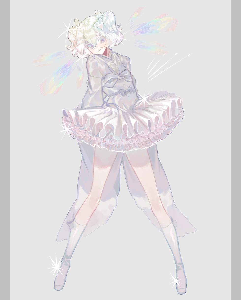 androgynous, blush, boots, closed_mouth, diamond_(houseki_no_kuni), frilled_skirt, frills, full_body