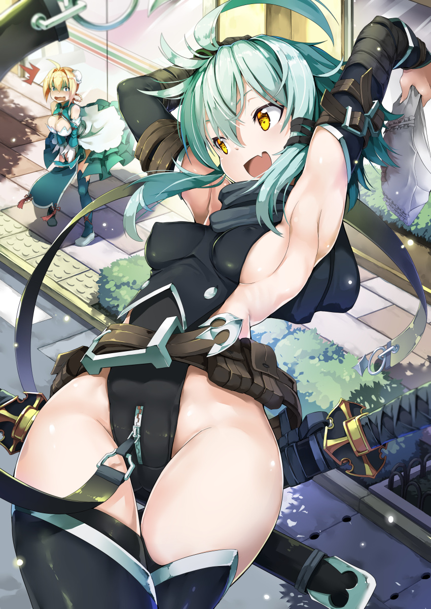 /\/\/\, 2girls, :d, absurdres, ahoge, alternate_costume, arm_belt, armpits