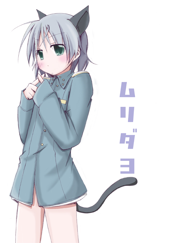 blush, cosplay, eila_ilmatar_juutilainen, eila_ilmatar_juutilainen_(cosplay), gaki, green_eyes, muri_da_na, no_pants, sanya_v_litvyak, short_hair, silver_hair, solo, strike_witches, tail, uniform