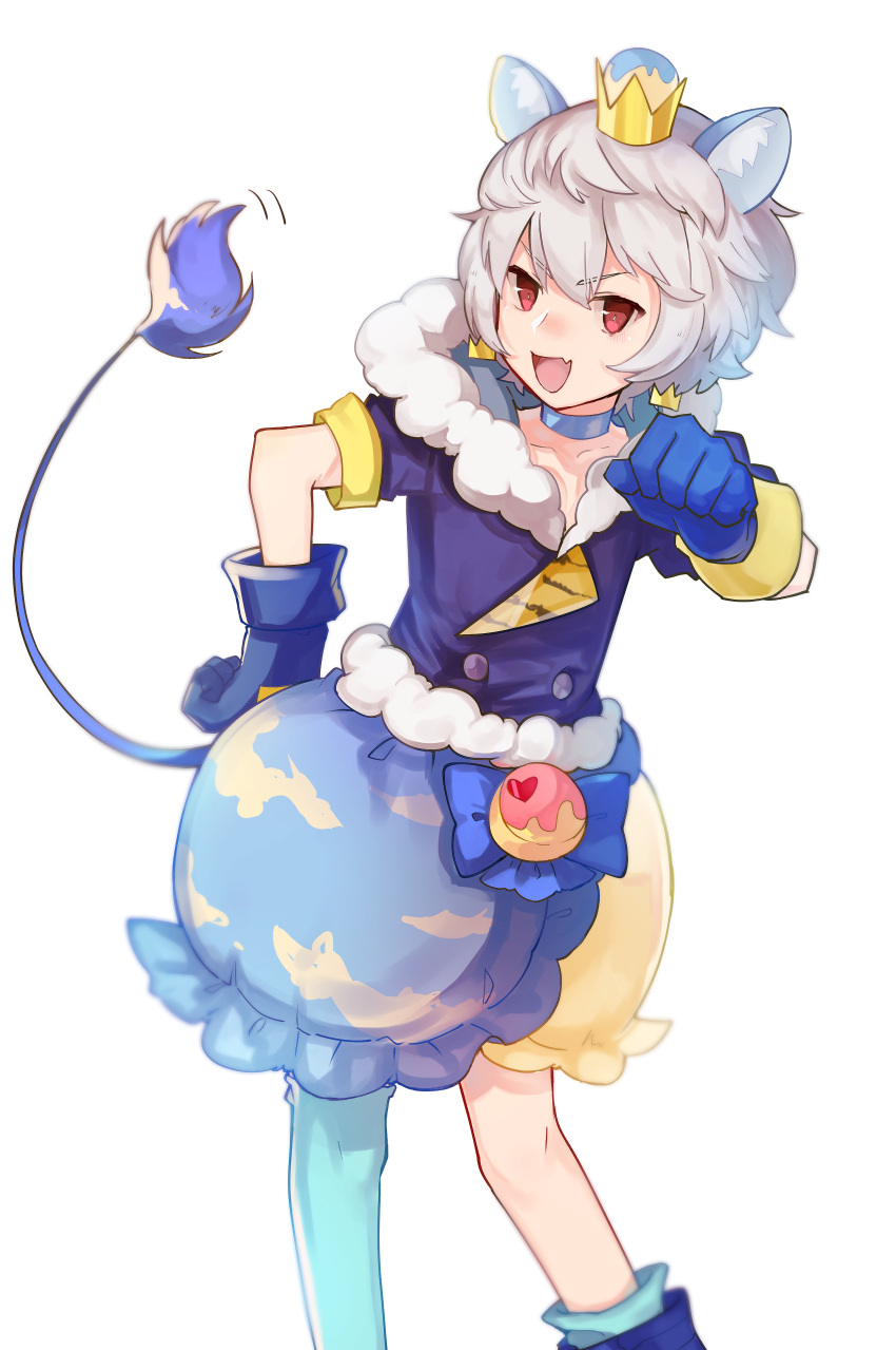 1boy, :d, absurdres, albino, animal_ears, asymmetrical_legwear, blue_gloves, blue_legwear