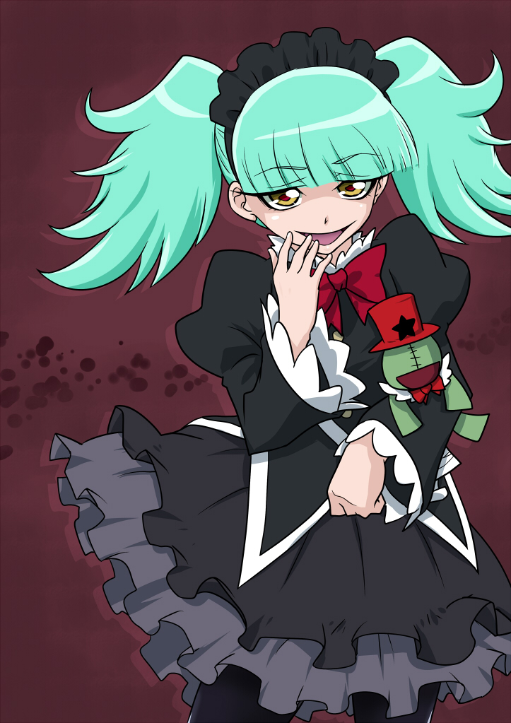 1girl, aqua_hair, biburi_(precure), black_blouse, black_hairband, black_legwear, black_skirt, blouse