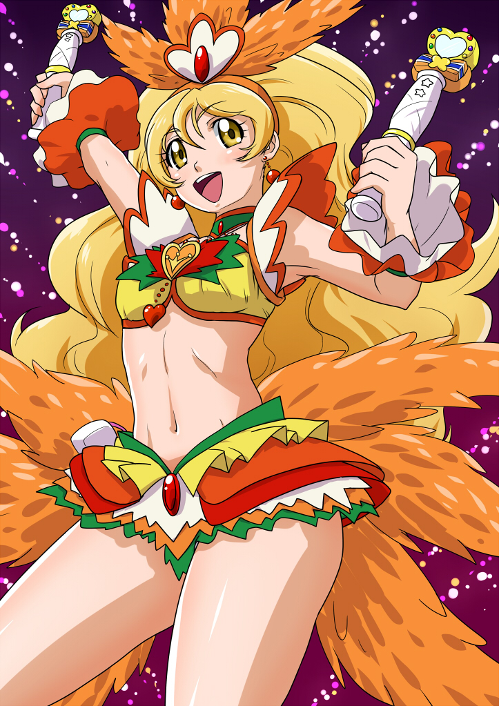1girl, :d, blonde_hair, blush, coconut_samba, cowboy_shot, cure_honey, dengeki_gx