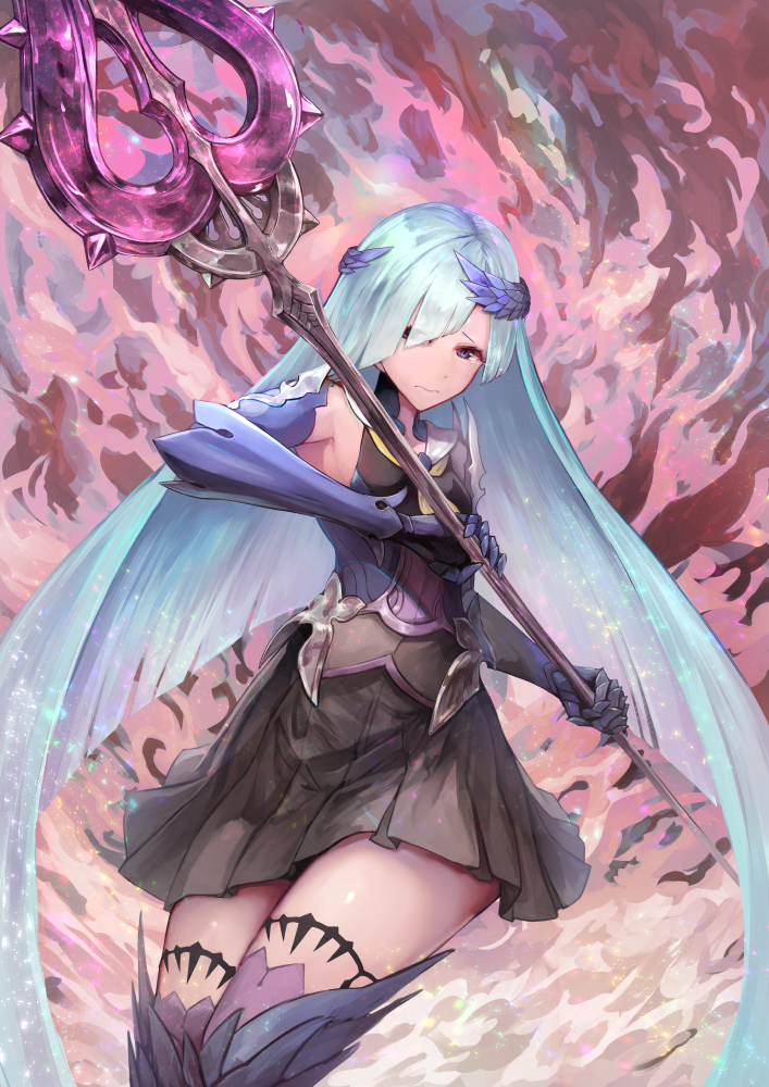 1girl, armor, asymmetrical_bangs, bangs, bare_shoulders, black_skirt, boots, fate/grand_order