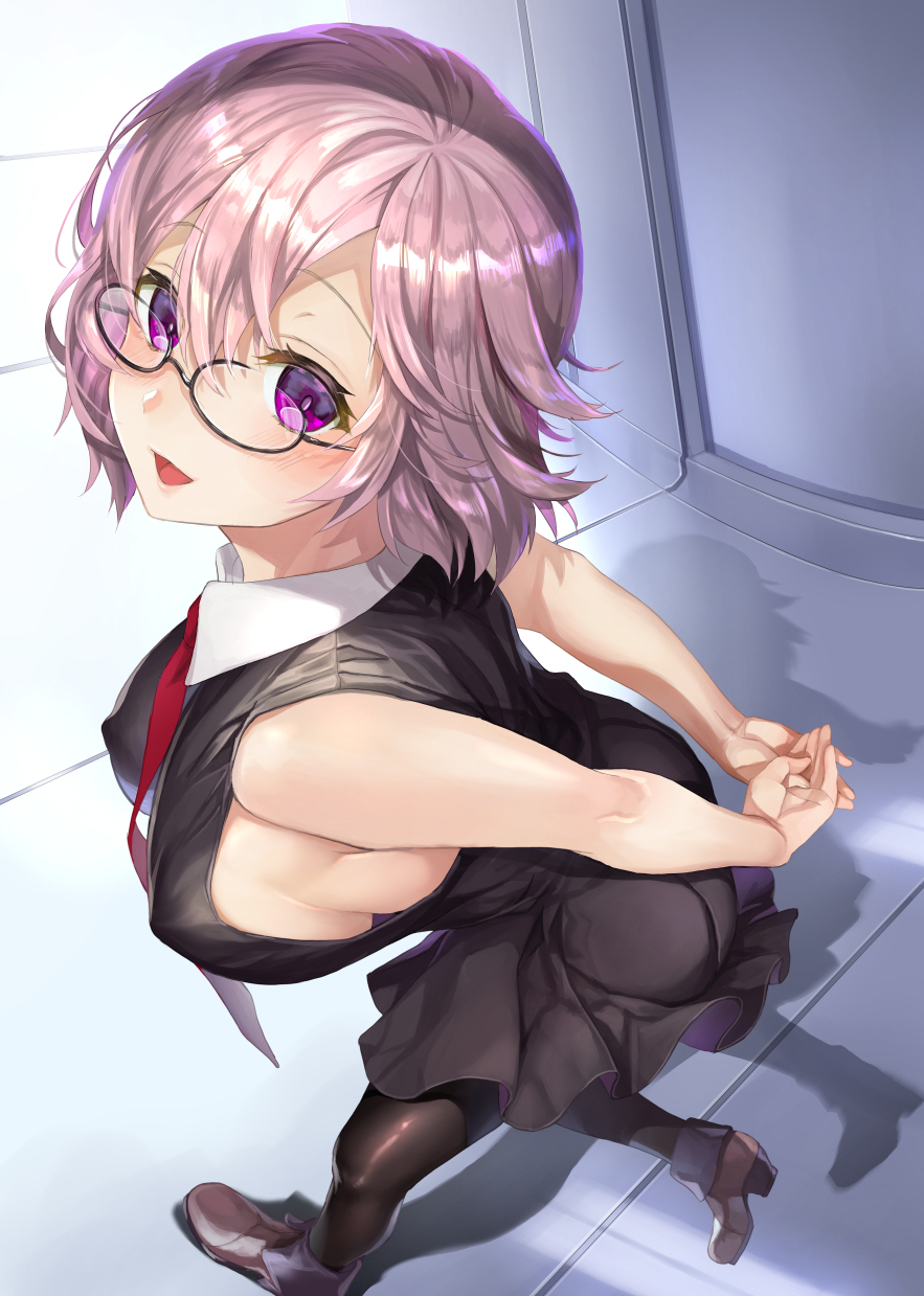 1girl, arms_behind_back, ass, black-framed_eyewear, black_dress, black_legwear, breasts, dress
