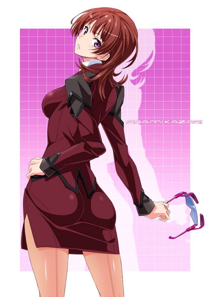 1girl, active_raid, brown_hair, glasses, kazari_asami, looking_at_viewer, looking_back, shiny