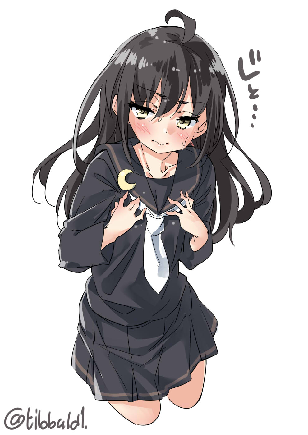 1girl, ahoge, bangs, black_hair, black_serafuku, black_skirt, blush, closed_mouth