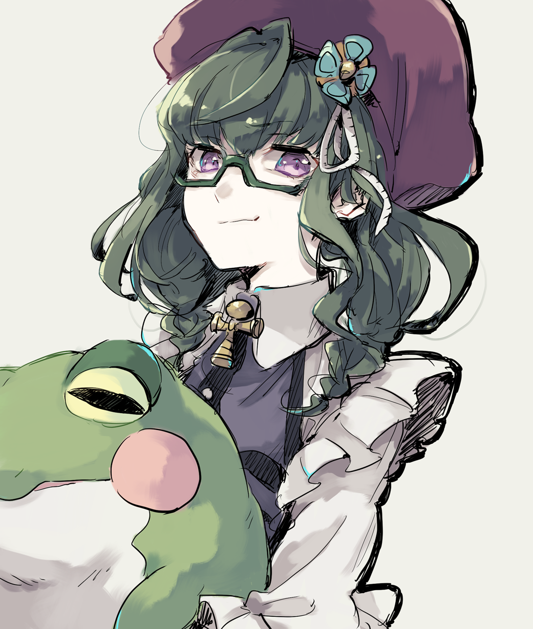 1girl, asuna_(doruru-mon), black_hair, frog, glasses, green_hair, grin, hat, highres, long_hair, looking_at_viewer, prelati_(symphogear), senki_zesshou_symphogear, smile, smirk, stuffed_animal, stuffed_toy, violet_eyes