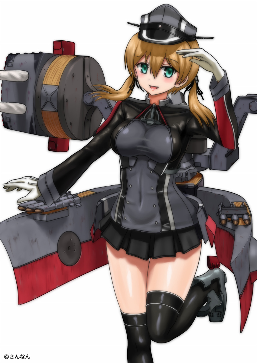 1girl, anchor, anchor_hair_ornament, black_legwear, black_ribbon, black_skirt, blonde_hair, gloves