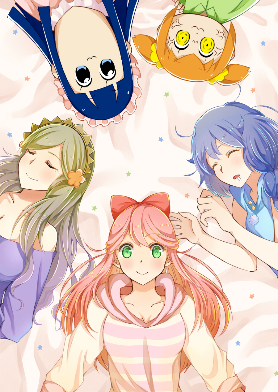 5girls, :3, alternate_costume, anger_vein, angry, bed, bkub_(style), blue_hair
