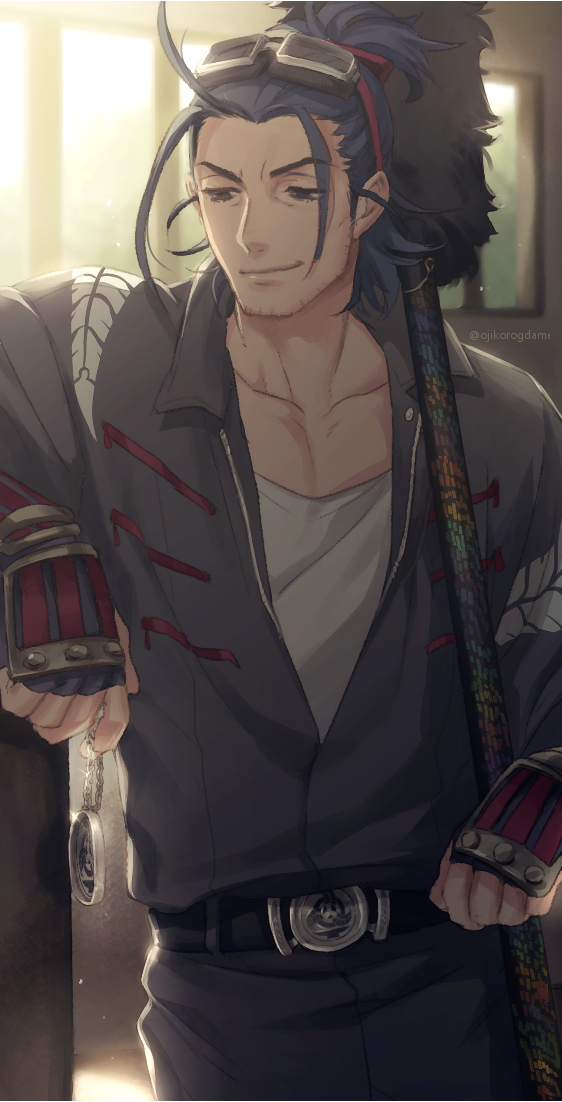 1boy, arm_support, black_hair, collarbone, facial_hair, goggles, goggles_on_head, jumpsuit
