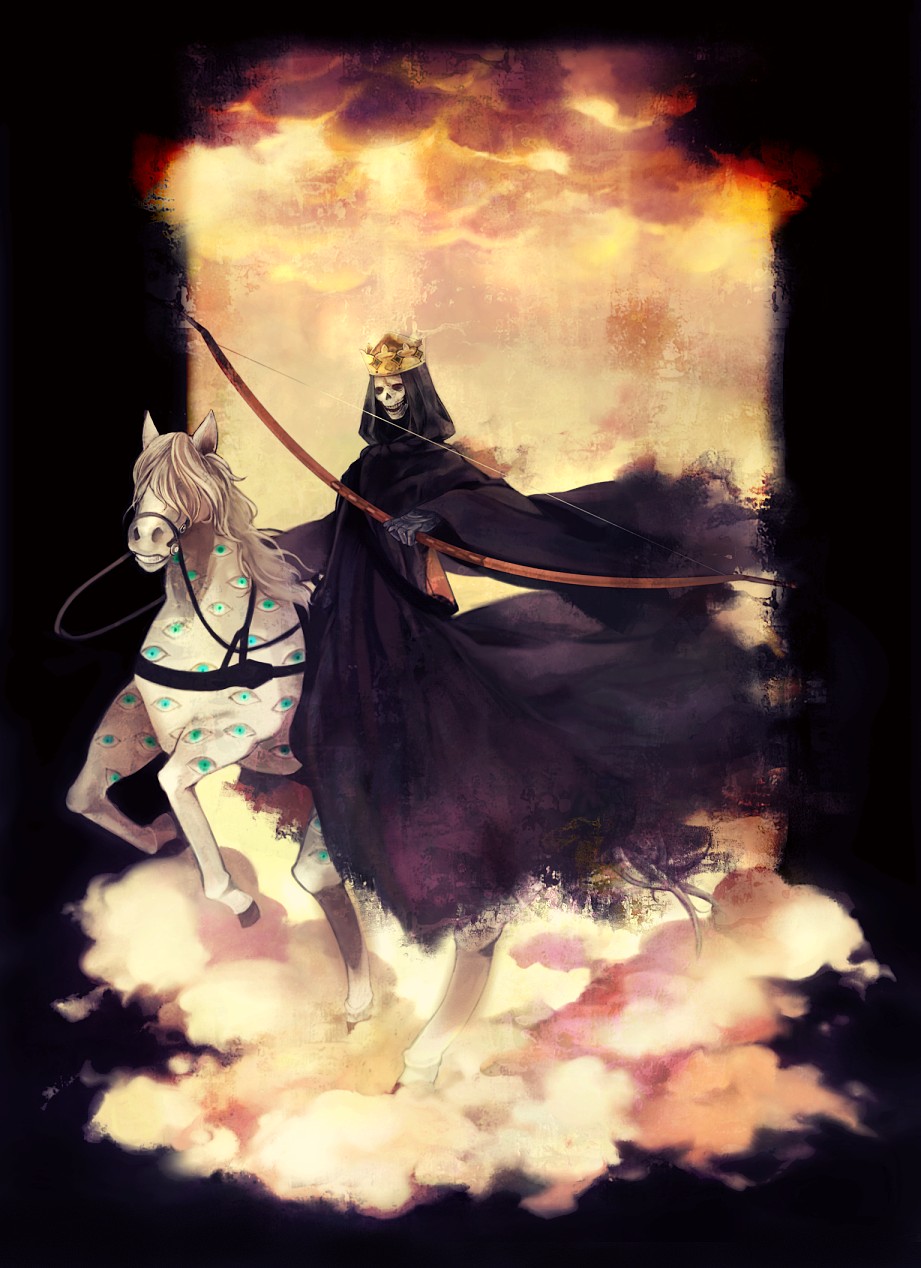bow_(weapon), crown, highres, horse, open_mouth, shin_megami_tensei, skeleton, weapon