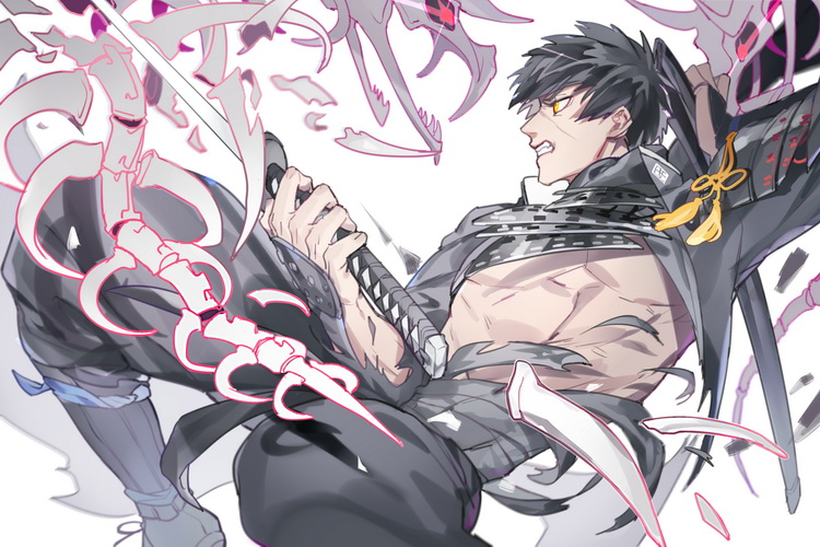 1boy, black_hair, clenched_teeth, doudanuki_masakuni, enemy_tantou, glowing, glowing_eyes, graphite_(medium)