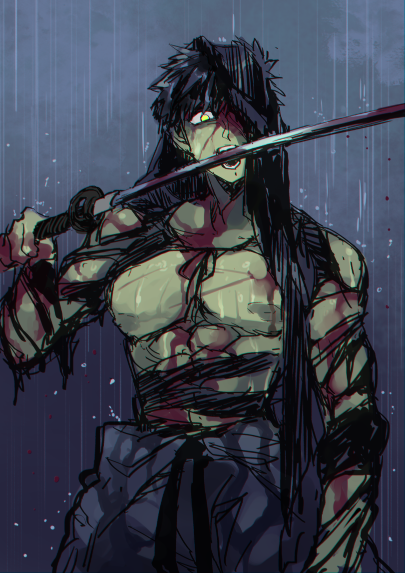 1boy, black_hair, blood, covered_eye, doudanuki_masakuni, holding, holding_sword, holding_weapon