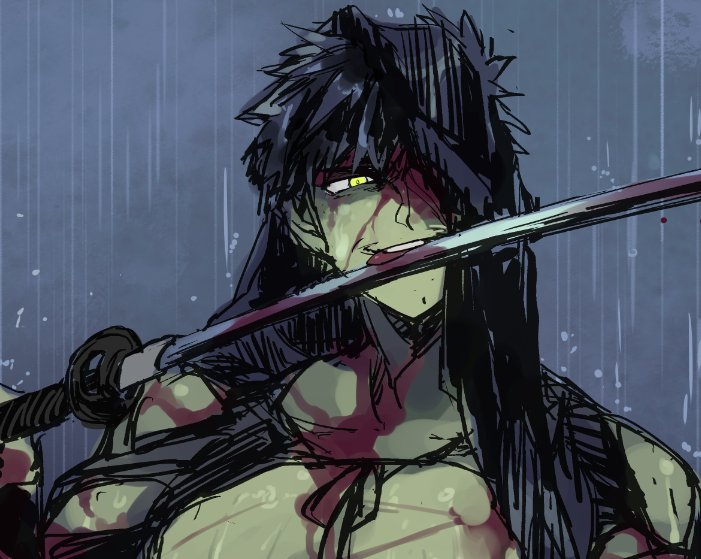 1boy, black_hair, blood, covered_eye, doudanuki_masakuni, holding, holding_sword, holding_weapon