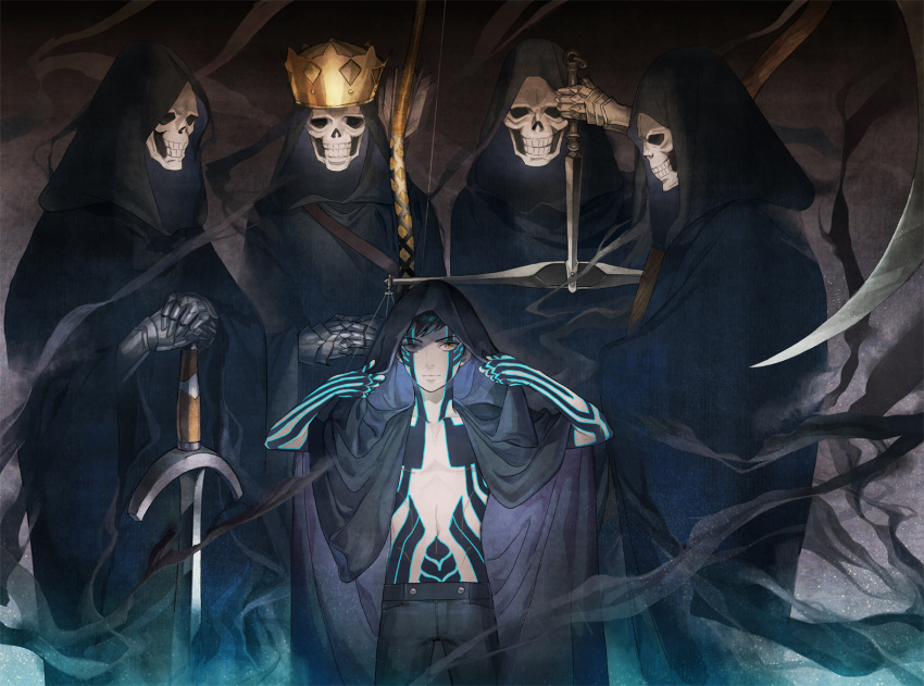 1boy, black_hair, black_rider, bow_(weapon), cloak, full_body_tattoo, hitoshura, nobingo, pale_rider, red_rider, robe, scythe, shin_megami_tensei, shin_megami_tensei_iii:_nocturne, skeleton, sword, tattoo, weapon, weighing_scale, white_rider, yellow_eyes