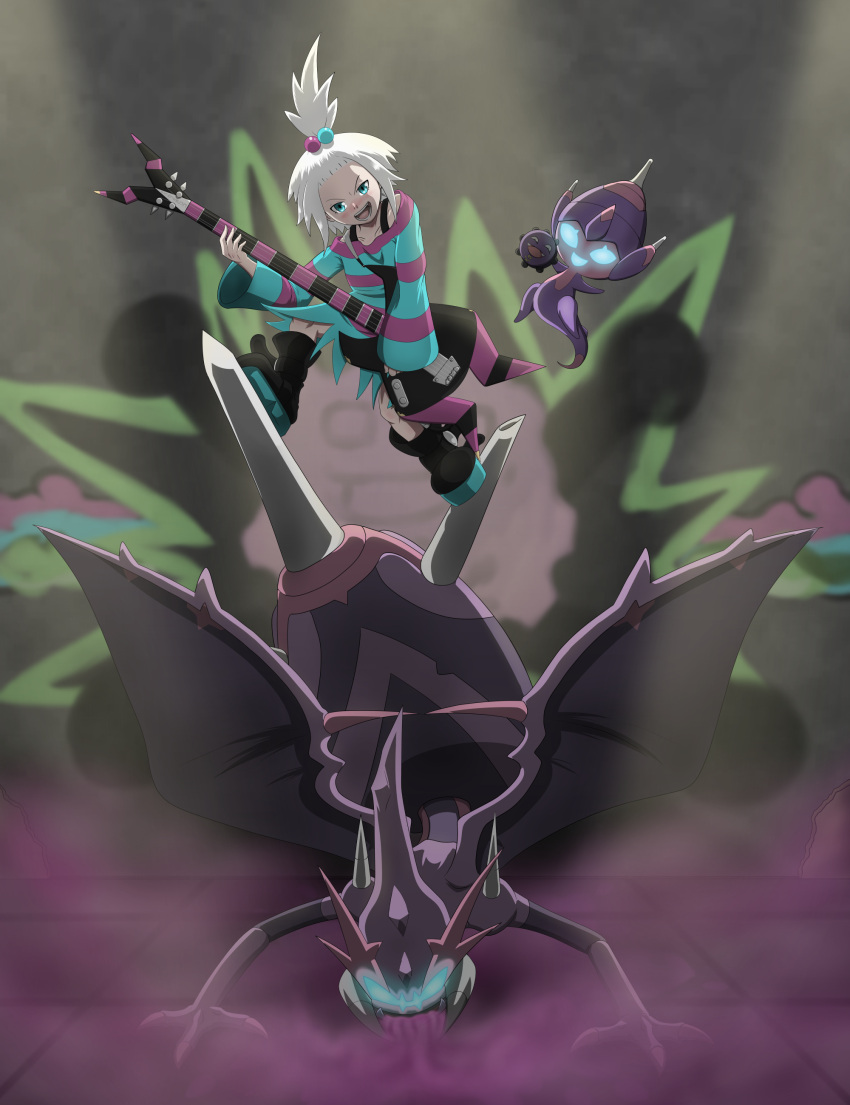 1girl, absurdres, bass_guitar, black_footwear, blue_eyes, cryomancer, gym_leader, hair_bobbles