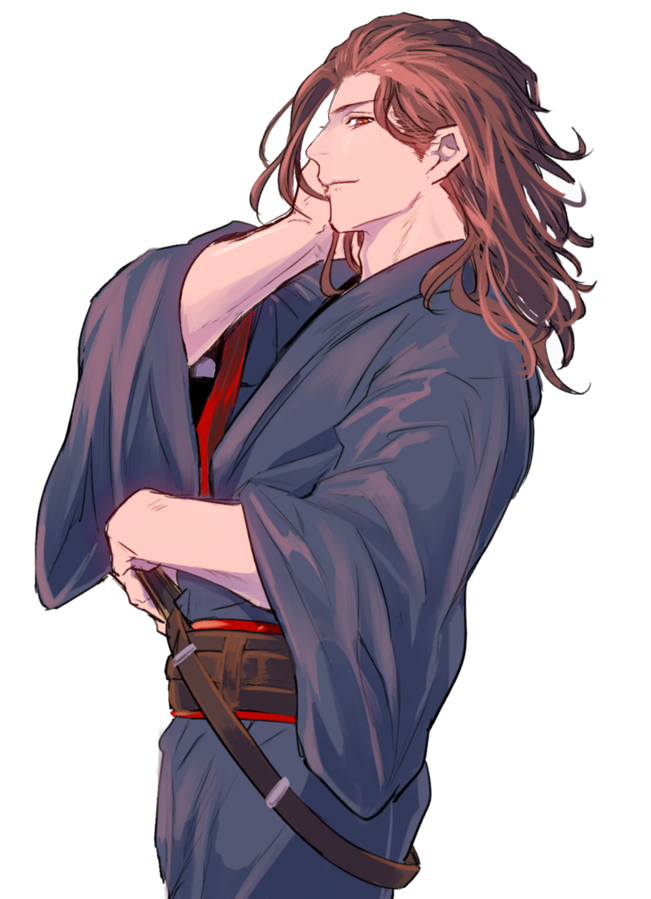 blue_background, brown_eyes, brown_hair, granblue_fantasy, hair_slicked_back, japanese_clothes, kimono, looking_at_viewer