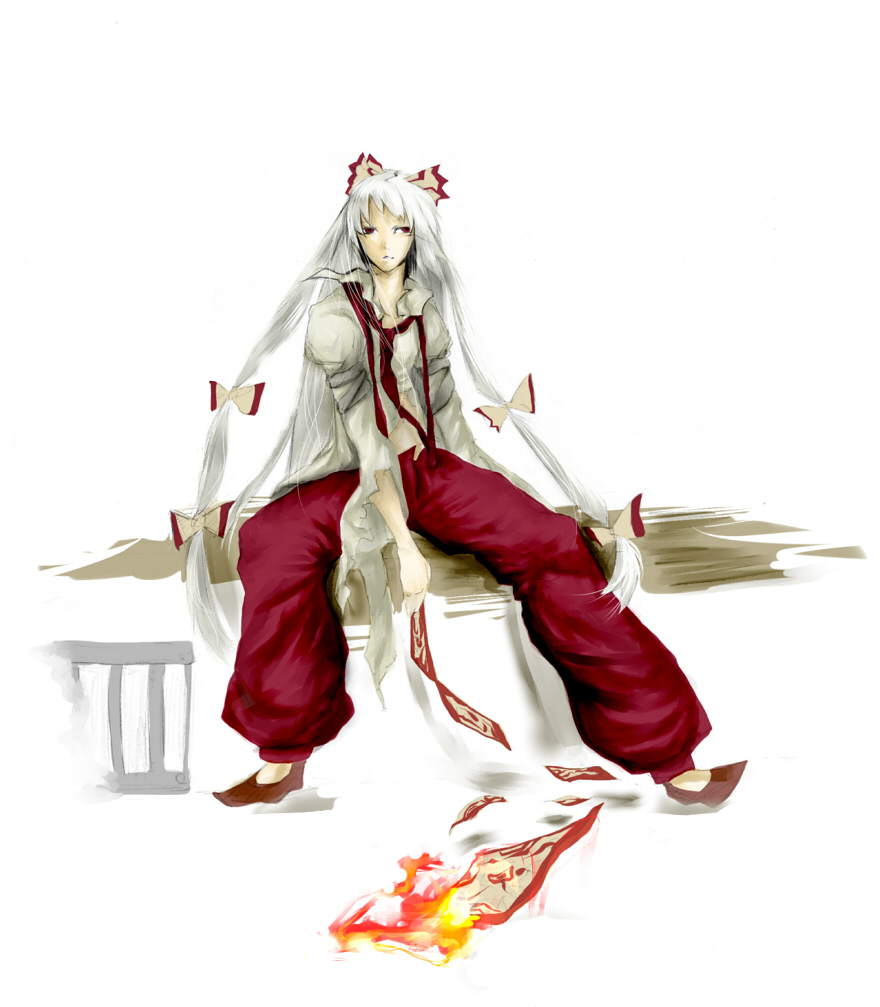 fujiwara_no_mokou, hair_ribbon, long_hair, mnk, necktie, pants, red_eyes, ribbon