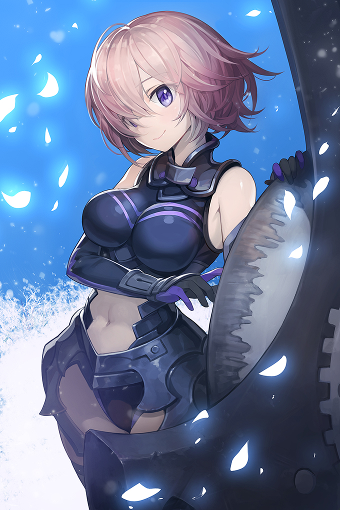 1girl, ahoge, arm_across_chest, armor, armored_collar, armored_leotard, black_gloves, black_leotard, blue_background, breasts, commentary, cowboy_shot, elbow_gloves, eyebrows_visible_through_hair, fate/grand_order, fate_(series), faulds, gloves, goomrrat, hair_over_one_eye, hand_rest, hand_up, head_tilt, impossible_clothes, impossible_leotard, large_breasts, leg_strap, legs_together, leotard, light_particles, looking_at_viewer, mash_kyrielight, messy_hair, multicolored, multicolored_background, multicolored_clothes, multicolored_gloves, navel, navel_cutout, petals, pink_hair, purple_gloves, shield, shielder_(fate/grand_order), short_hair, sleeveless, smile, solo, standing, striped, touching, violet_eyes, white_background, wrist_guards