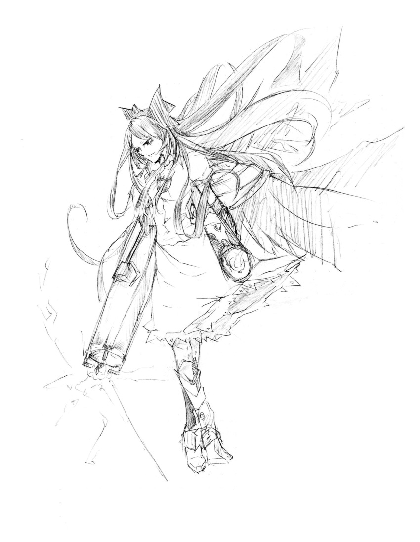 highres, long_hair, mnk, monochrome, reiuji_utsuho, ribbon, sketch, touhou