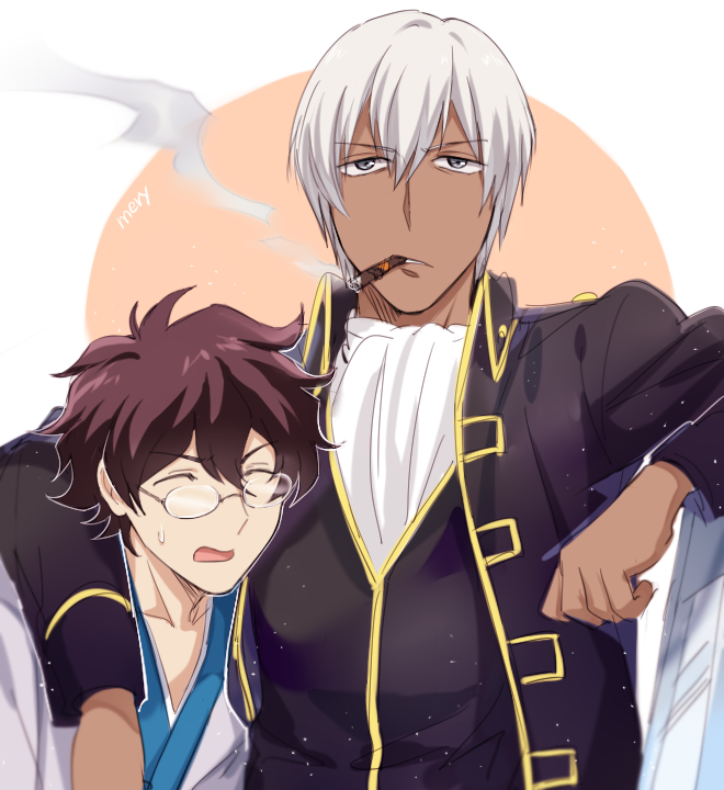 2boys, bespectacled, blue_hakama, brown_hair, cigar, closed_eyes, dark_skin, dark_skinned_male