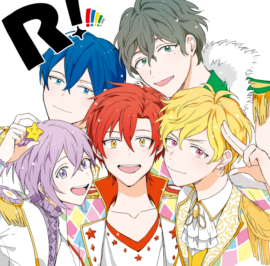 5boys, amamiya_kanade, blonde_hair, blue_eyes, blue_hair, collarbone, dorifesu!, epaulettes, green_hair, idol, katagiri_itsuki, lavender_hair, male_focus, mole, mole_under_eye, multiple_boys, oikawa_shin, purple_hair, redhead, sasaki_junya, sawamura_chizuru, violet_eyes