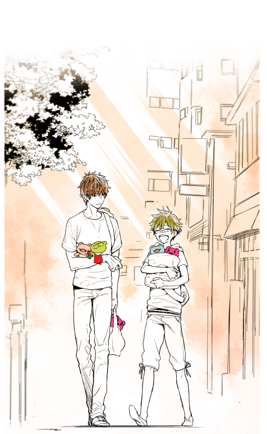 2boys, akiyama_hayato, bag, bandaid, closed_eyes, green_hair, height_difference, idolmaster