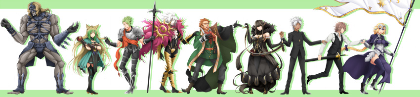 3girls, 6+boys, absurdres, ahoge, animal_ears, archer_of_red, armor, armored_boots