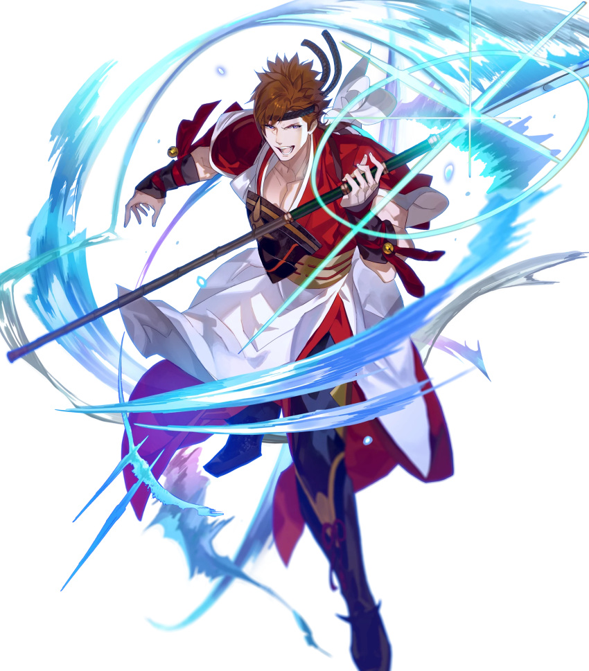 1boy, arai_teruko, armor, armored_boots, bell, boots, brown_hair, fire_emblem, fire_emblem_heroes, fire_emblem_if, full_body, headband, highres, japanese_clothes, male_focus, naginata, official_art, open_mouth, polearm, shinonome_(fire_emblem), solo, teeth, transparent_background, violet_eyes, weapon