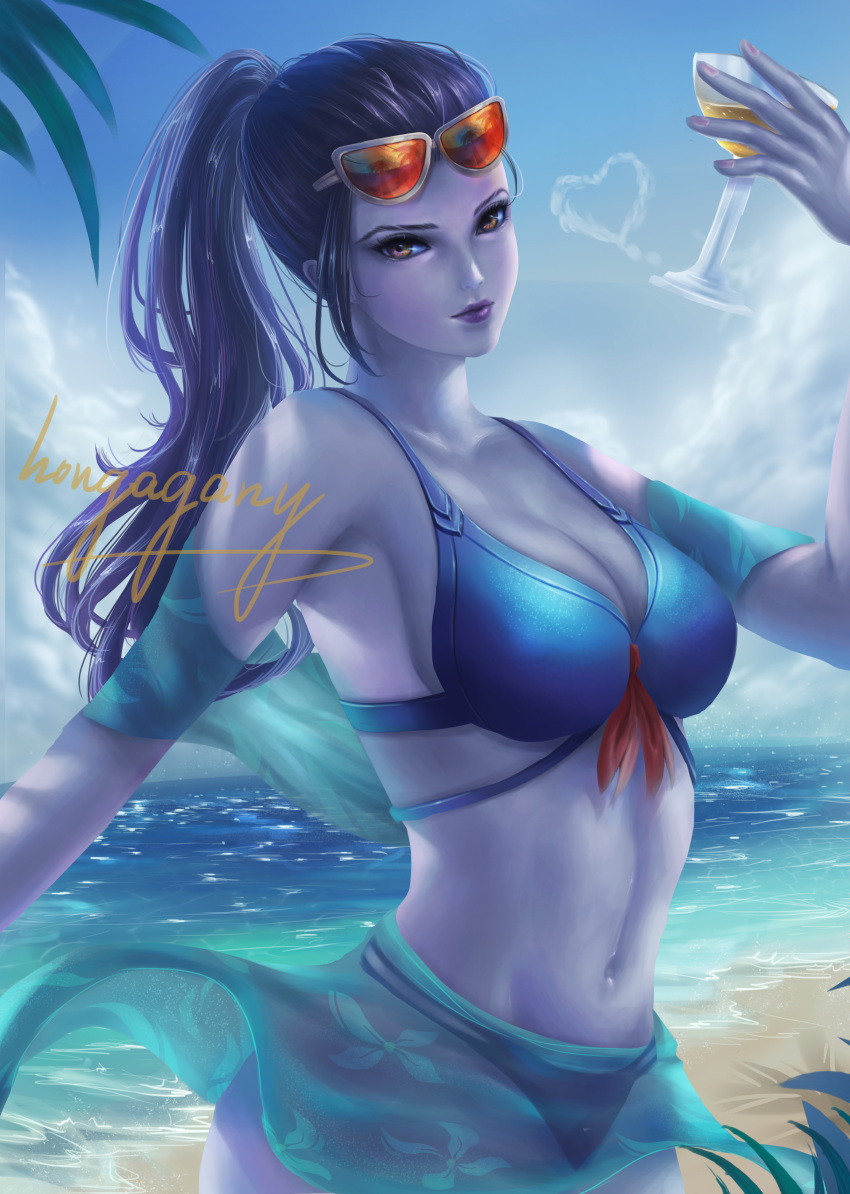 1girl, absurdres, alternate_costume, artist_name, beach, bikini, blue_bikini, blue_sky
