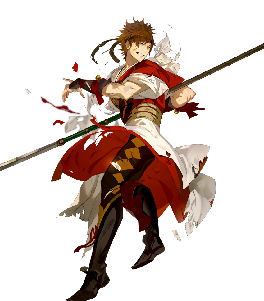 1boy, arai_teruko, armor, armored_boots, back, bell, boots, brown_hair