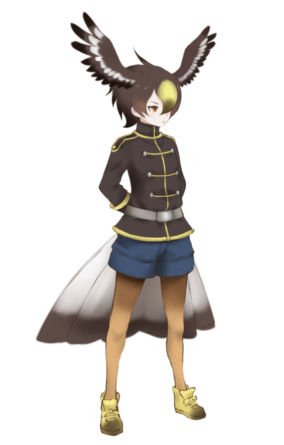 1girl, blonde_hair, feathered_wings, full_body, golden_eagle_(kemono_friends), ise_(0425), kemono_friends, military, military_uniform, multicolored_hair, orange_eyes, short_hair, simple_background, solo, thigh-highs, two-tone_hair, uniform, white_background, wings